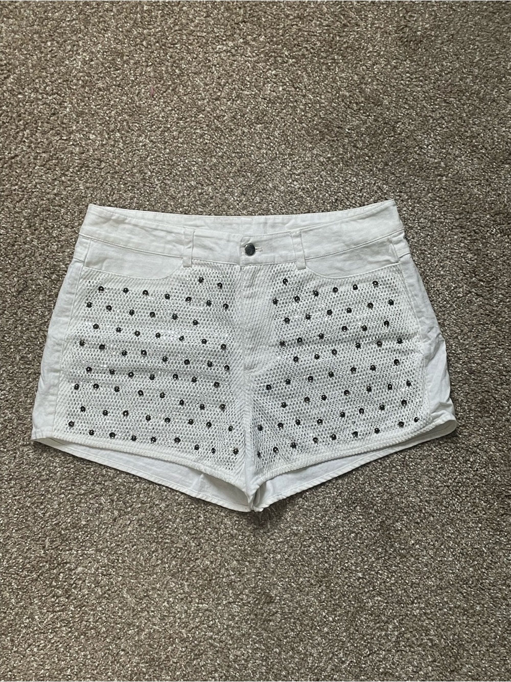 Women's White Cotton Studded Shorts Size 32 32in Waist Button 5-Pocket